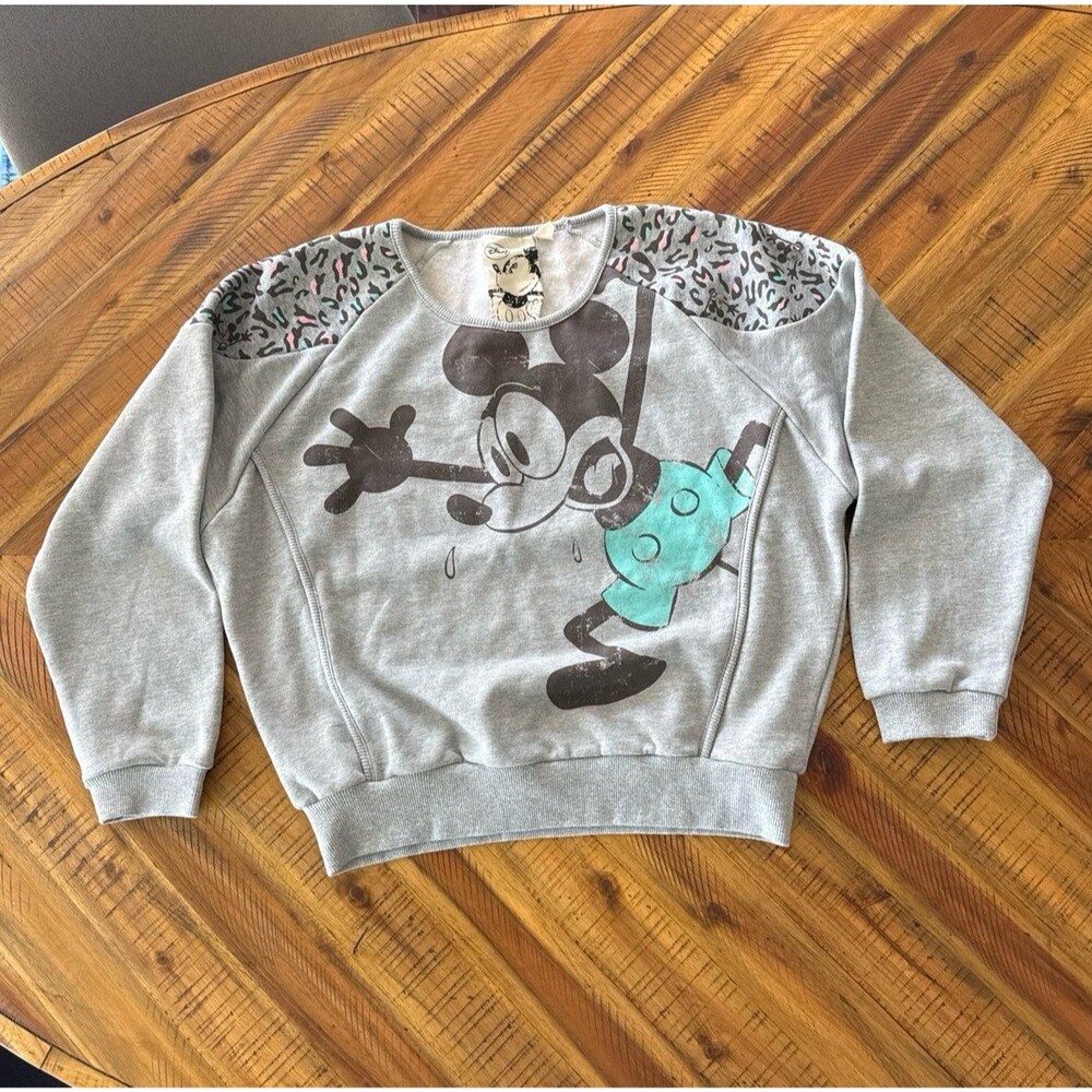 Vintage Disney Mickey Mouse Sweatshirt Cropped Pullover w Leopard Print Rare
